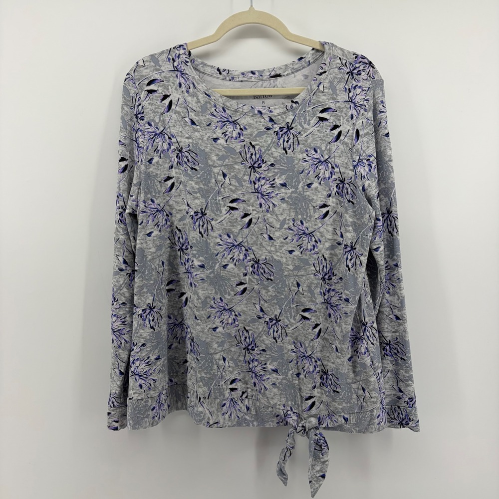 Croft & Barrow Floral Top Grey Purple Womens PL Petite Side Tie Long Sleeve Knit
